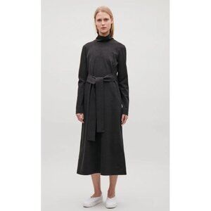 COS Long Sleeve Charcoal Gray Funnel Neck Belted Midi Dress L